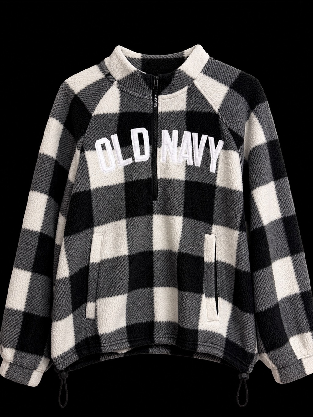 Old Navy Men's Black and White Buffalo Plaid Flannel Half-Zip Pullover